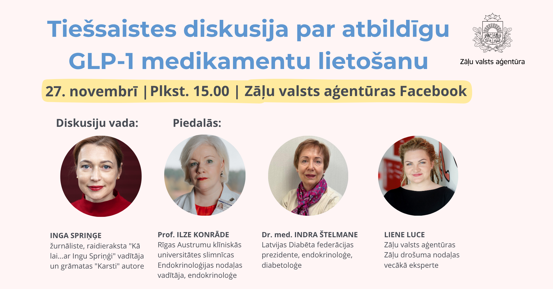 Attēls par tiešraides diskusiju un informācija par runātājiem